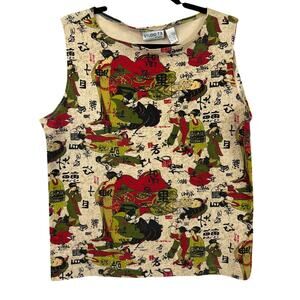 Studio T’s Cream & Red Japanese Motif 100% Cotton Sleeveless Top Size 3